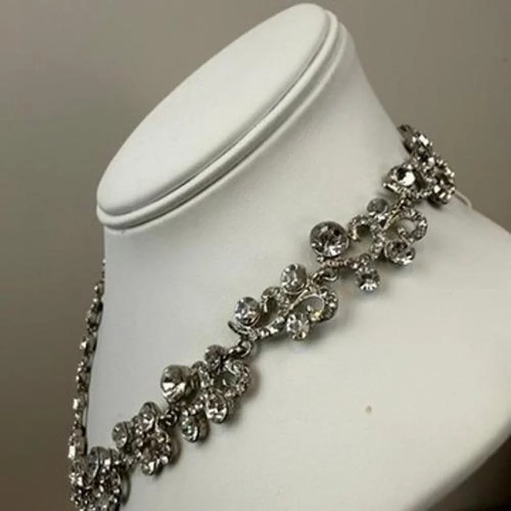 Rhinestone Crystal Statement Necklace Scrollwork Floral Silver Tone Collar